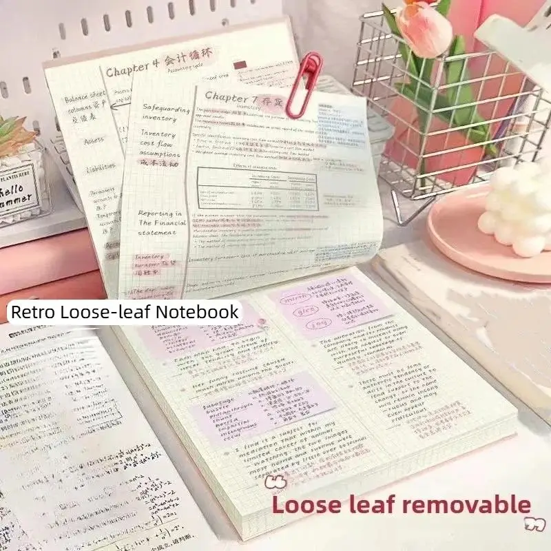 60 Sheets Vintage Color Top Flip Loose Leaf Notebook Thick Grid Pages For Students Study Note Taking Exam Prep