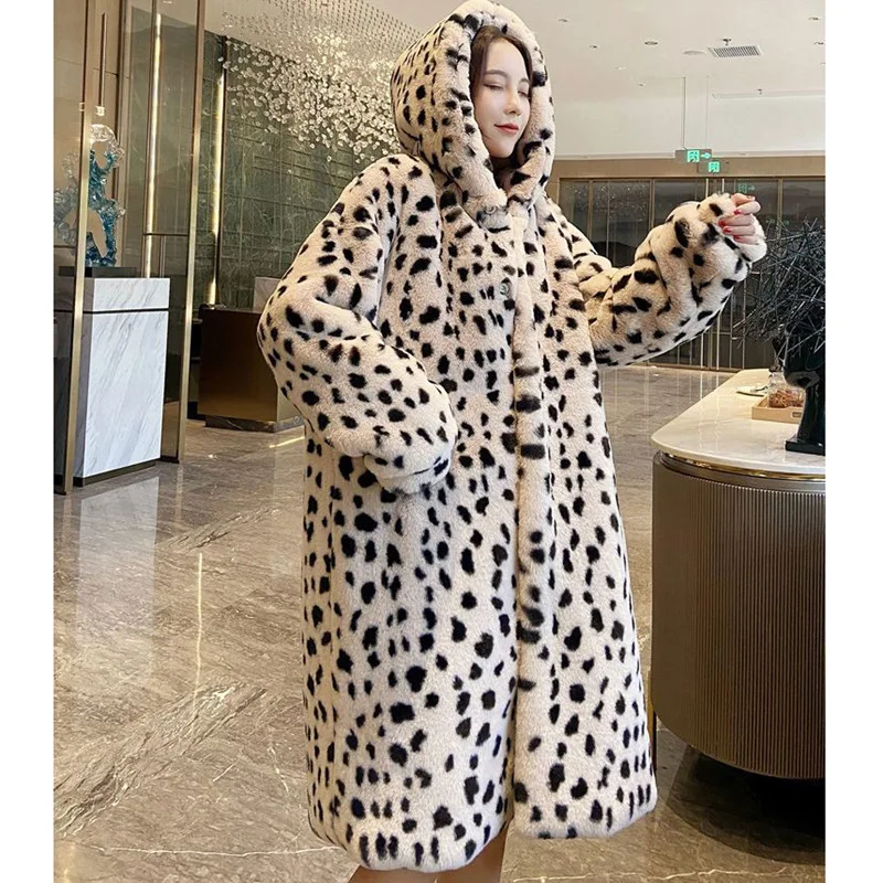 

Женские пальто из искусственного меха 2026 года с капюшоном, леопардовый принт, длинные рукава, макси, прямой крой, повседневный уличный стиль, осень-зима