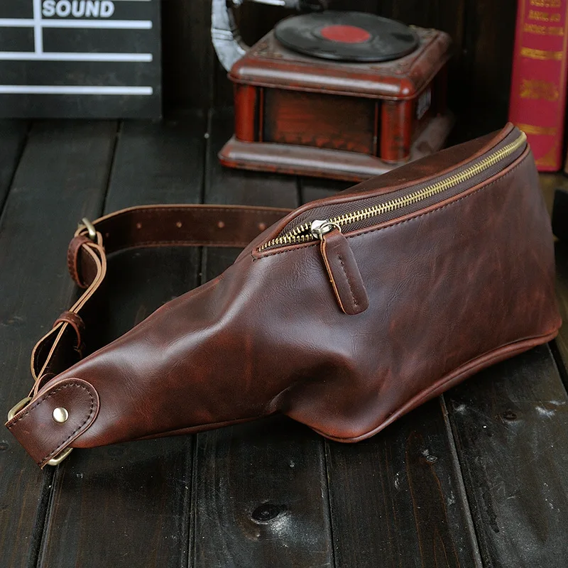 Fashionable men's waist bag pu leather fashion shoulder chest bag retro crazy horse street leisure waist bag