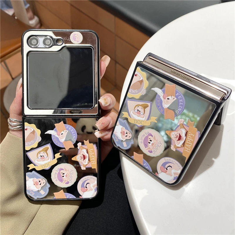 Anime Disney Mirror Surface Seven Dwarfs Donald Duck Mickey Korean Style For Samsung Galaxy Z Flip 3 4 5 6 Cover Phone Case Gift