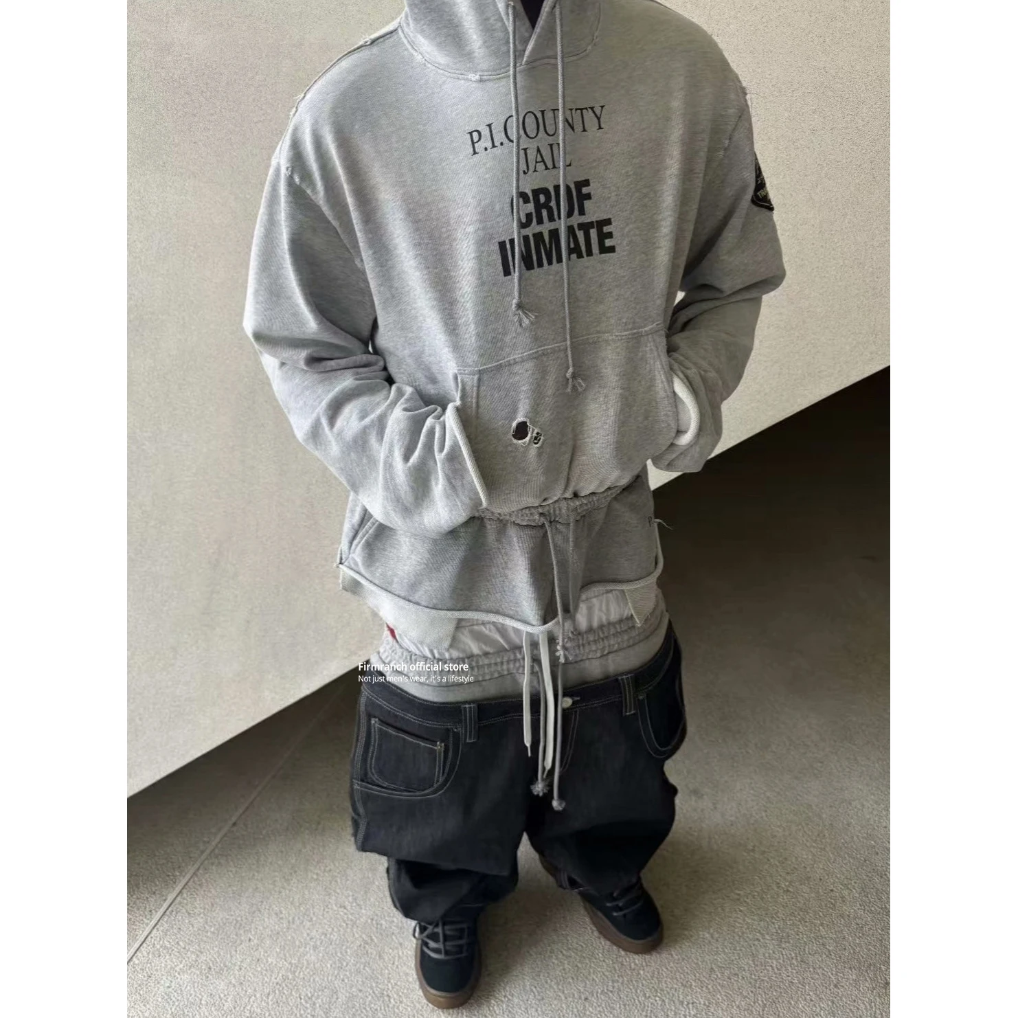 Firmranch Korean Vintage High-Street Spliced Waist Faux Two-Piece Slogan Print Washed Distressed Hoodie for Men Women Sweatshirt