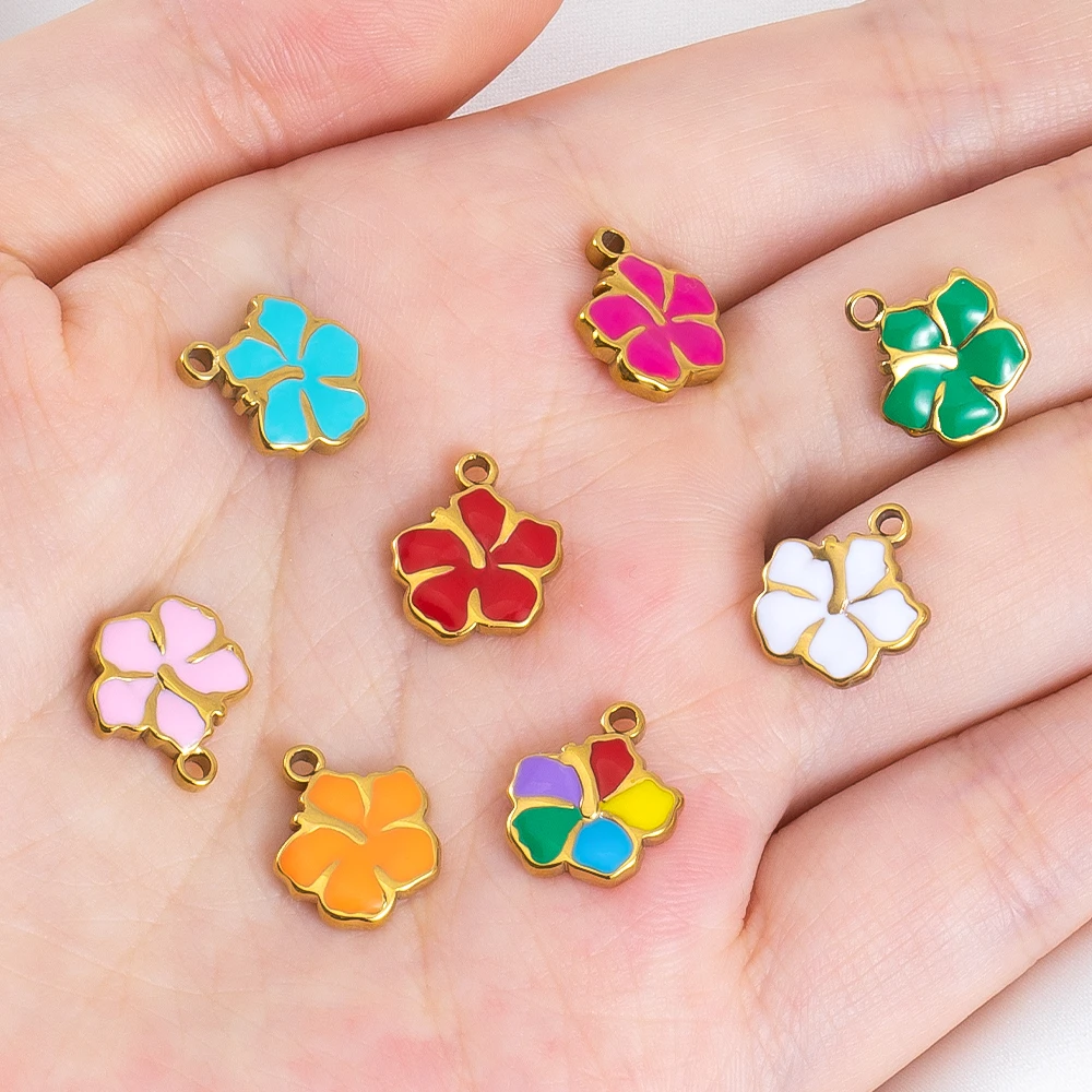 2pcs 11.3x13mm Stainless Steel Enamel Multicolored Flower Pendants Charms for DIY Jewelry Making Necklace Bracelet Accessories