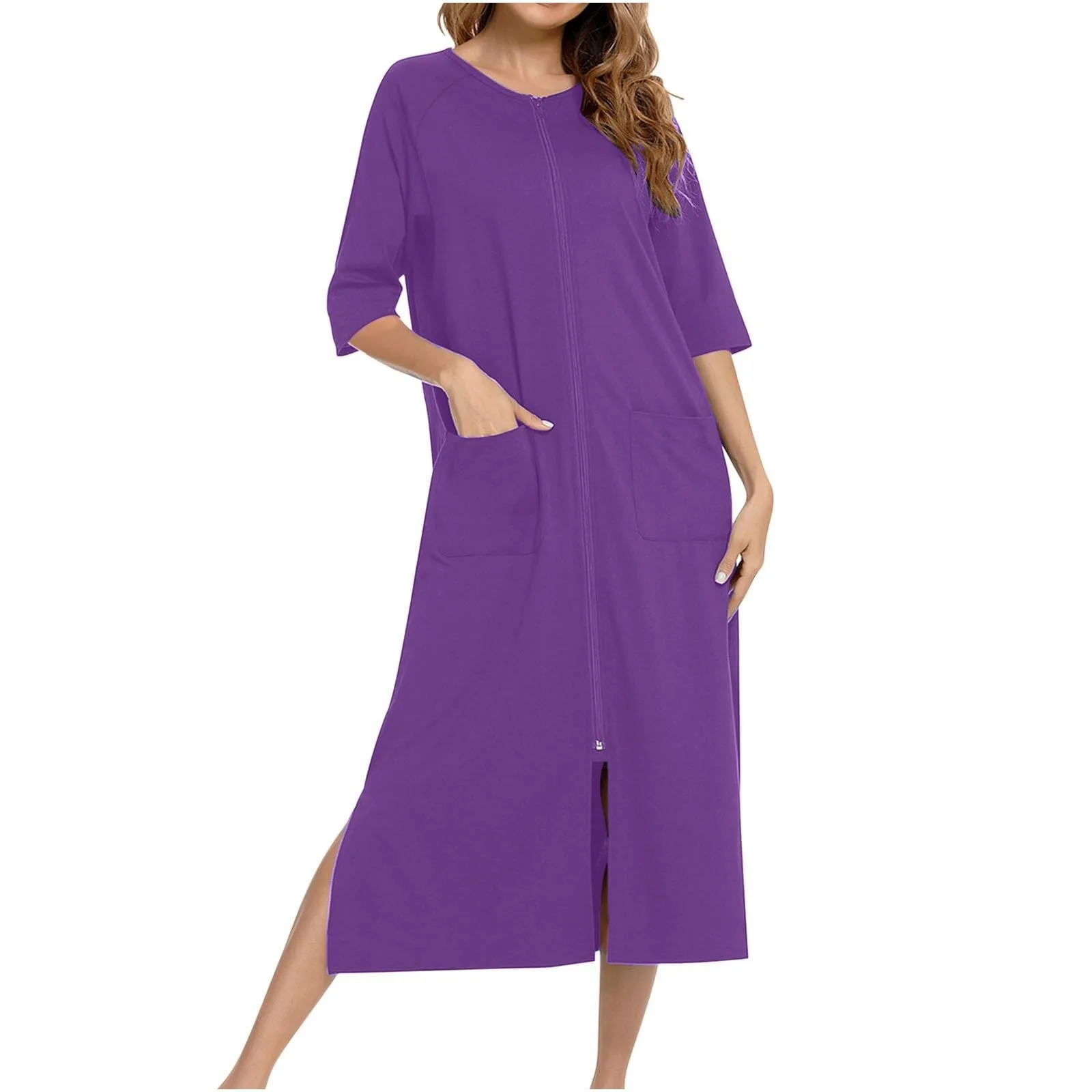 

Women's Zipper Front Long Nightgown with Pockets 3/4 Sleeve Split Hem Loose Sleep Dress Loungewear Full Length Housecoat