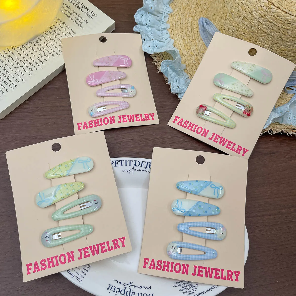 4pcs Cartoon Animal Printed Plaid Water Drop BB Clip Hairpin Bangs Side Clip Barrettes Headwear Hair Clip Kids Hair Accessories