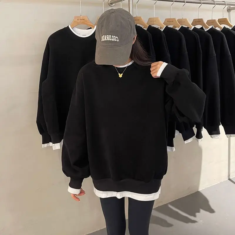 여성용 라운드 넥 긴팔 페이크 투피스 루즈 풀오버, 올 매치 한국 패션 클래식 캐주얼 상의, 가을 및 겨울