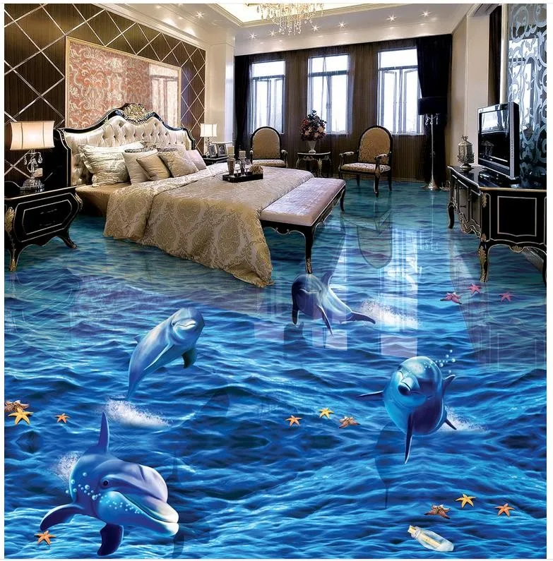 

3d floor painting wallpaper blue ocean dolphin floors waterproof self-adhesion home decoration