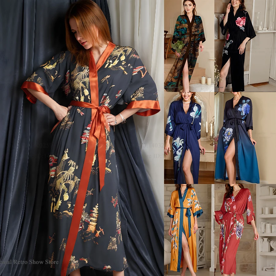 

Large Size New Female Long Robe Home Dress Print Flower Kimono Gown Bathrobe Silky Satin Sleepwear Nightgown Loose Loungewear