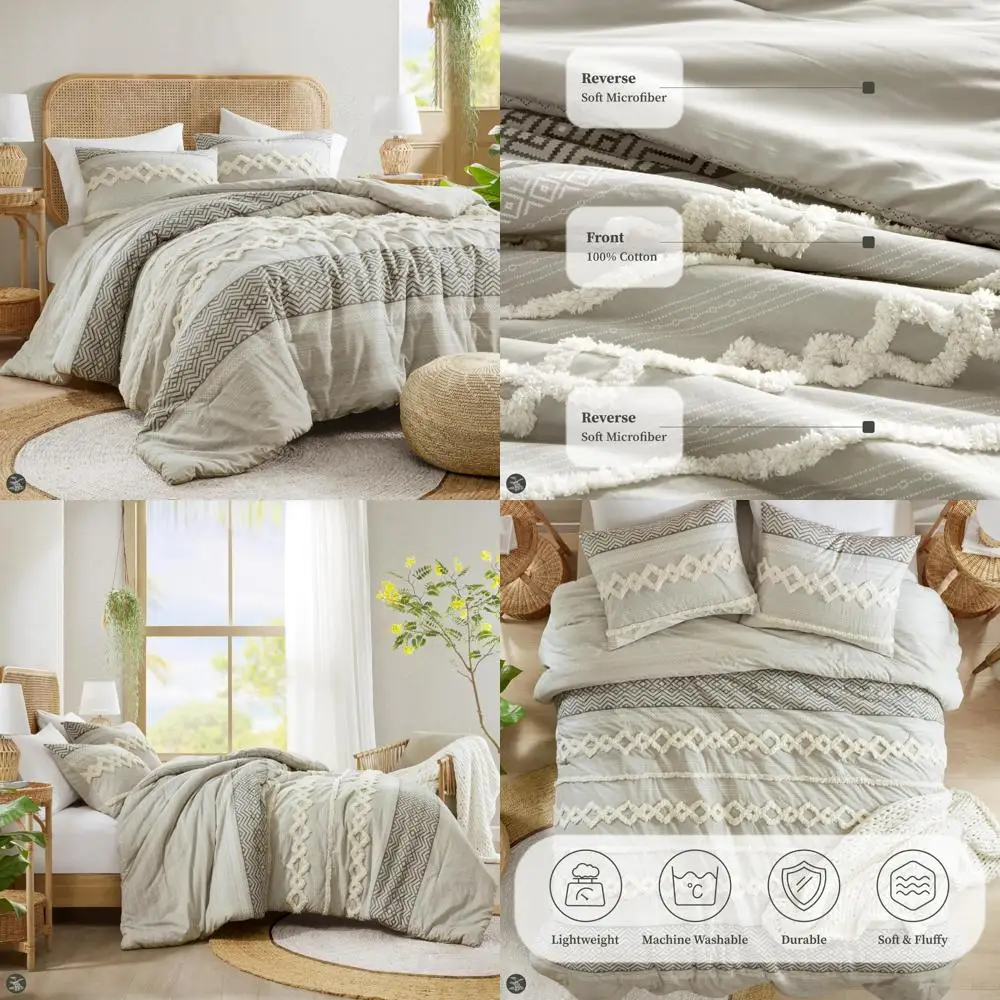 

Gray Full/Queen Bohemian Cotton Top Comforter Set with Modern Neutral Clipped Jacquard Style Bedding