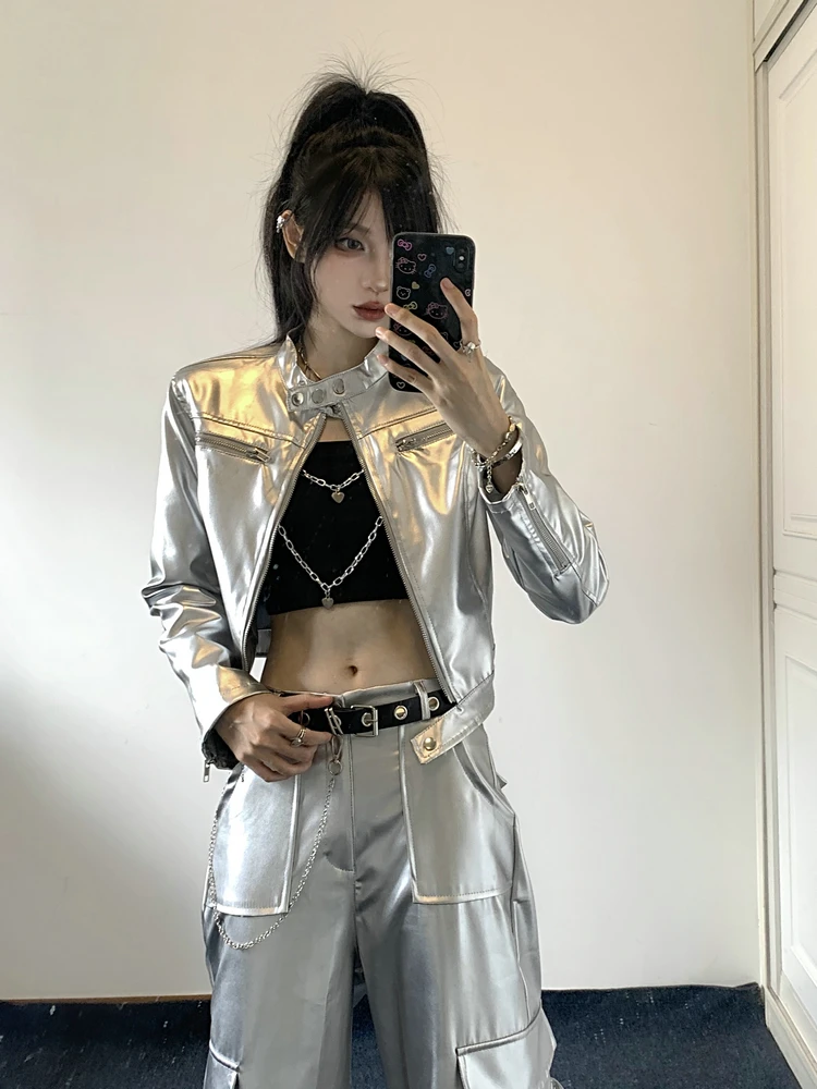 Silver Jaet Motorcycle Cool Haome Set Jazz Dance iny Outerwear Women's Faion Autumn 2025 Sequin Material