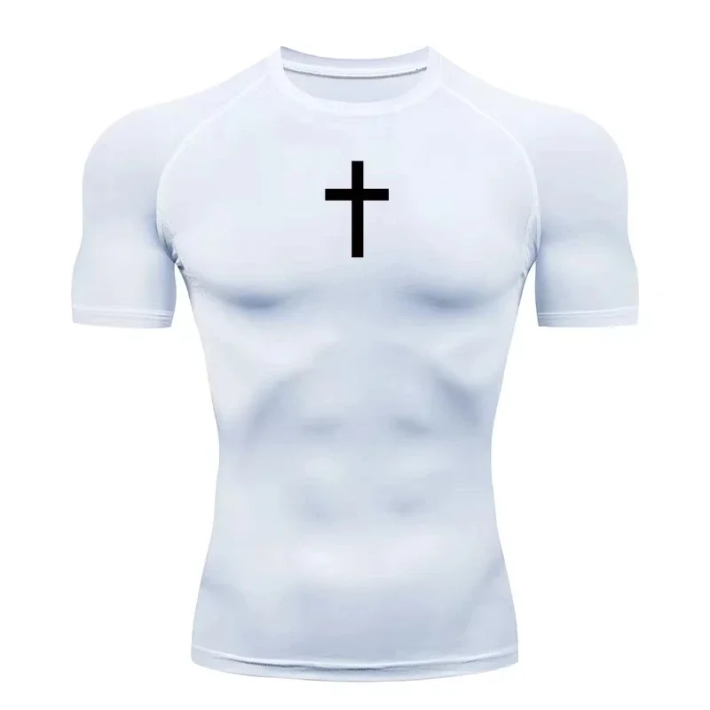2026 Cross Print Compression Shirt Mens Running T-Shirt Quick-Drying Fitness Sportswear Gym Sports Short Sleeve Training Shirt
