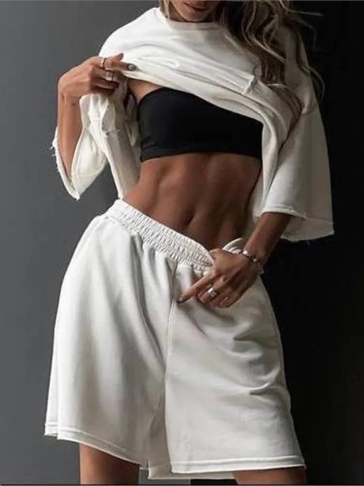 Casual Simple Short Style Sports Two Piece Set Women Solid Color Loose Half Sleeves T Shirt Shorts 2 Piece Sets Lady Streetwear