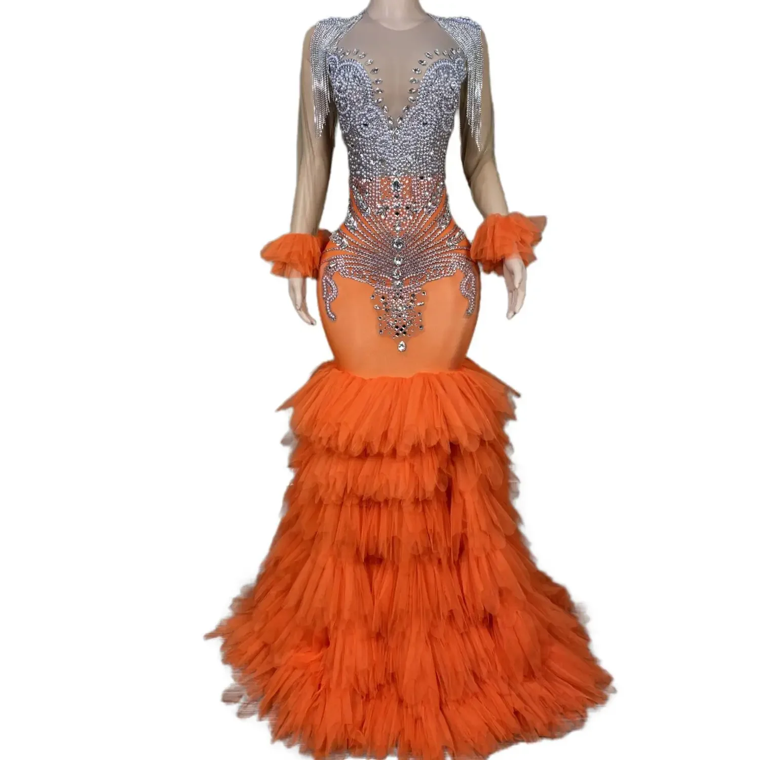 

Long Glitter Prom Dresses 2024 Orange Mermaid Style Sexy Sheer Top Luxury Sparkly Beaded Silver Black Girl Formal Prom Gala Gown