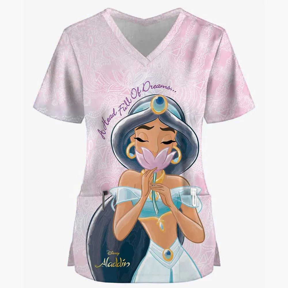 Disney Princess printed workwear pocket pet beauty nurse uniform women's short sleeved Spa V-neck frosted top medical care