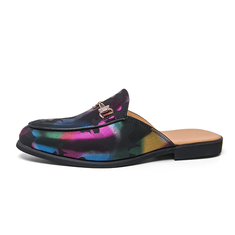 

Men Colorful Leather Mules Breathable Backless Slip On Loafers Summer Fashion Comfortable Sandals Half Slippers for Men Casual