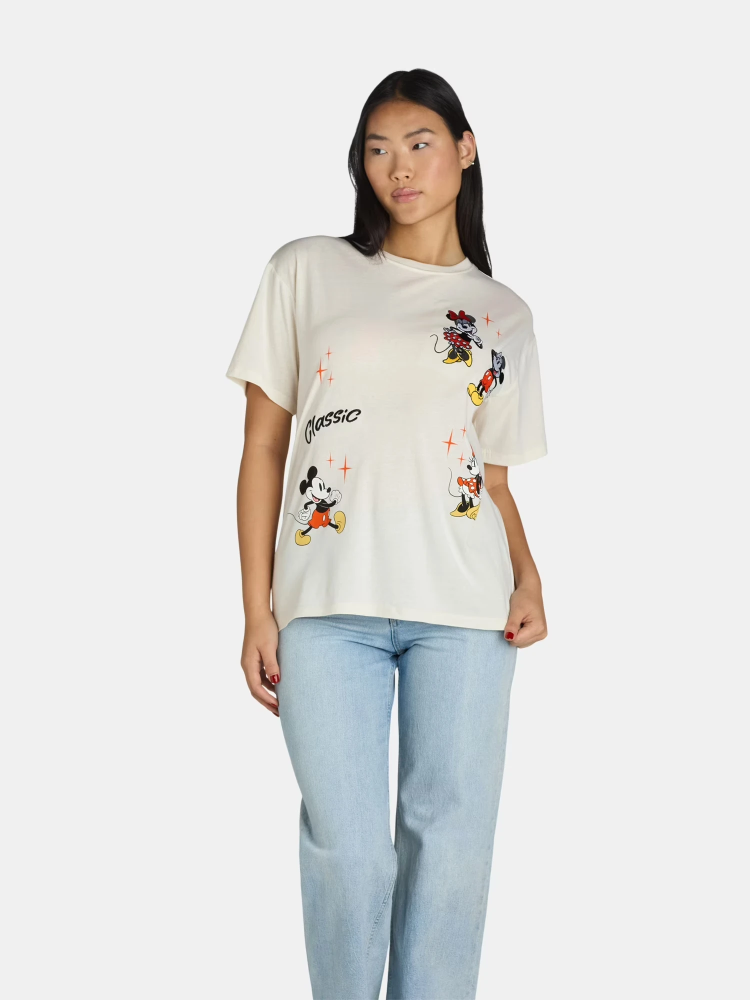 

Classic Mickey Minnie Mouse Multi Pose Graphic T-shirt Orange Star Print Womens Casual Tops Cotton Artwork Vintage Style