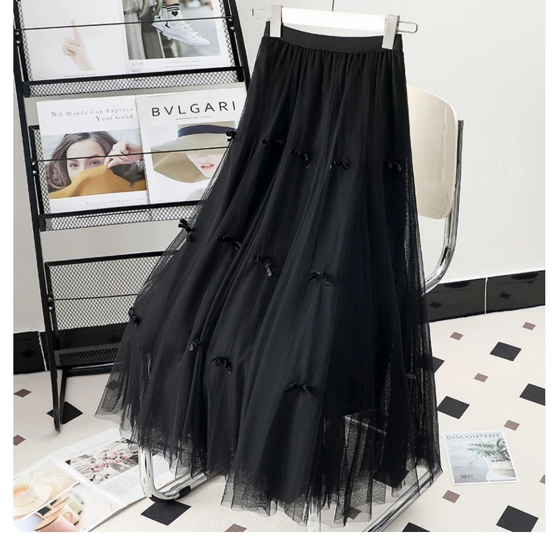 Spring Summer Fashion Bow High Waist Mid-length Loose Waist A- Line Princess Long Dress Mesh Half Skirt Fresh Sweet Style