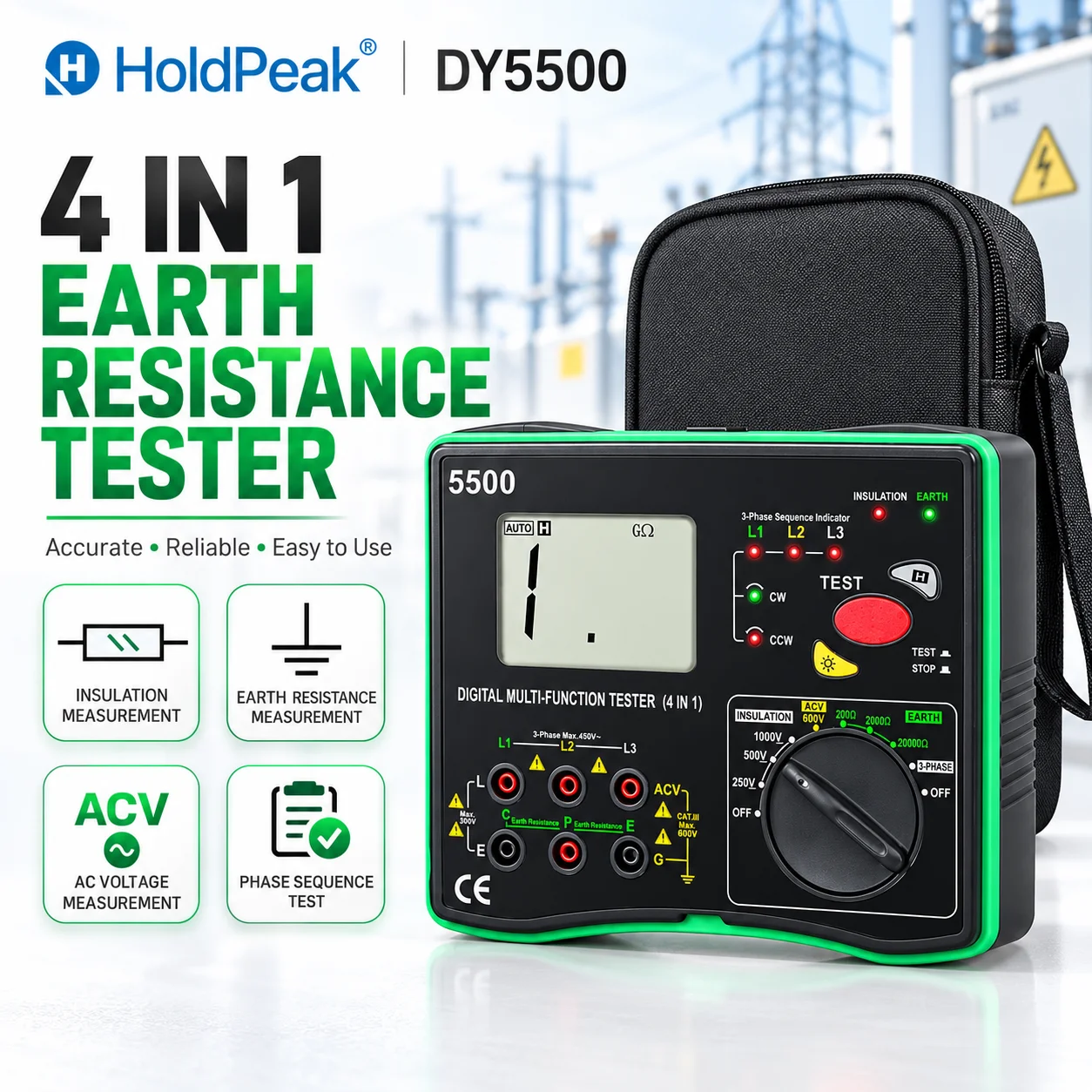 4-in-1 Digital Multimeter Earth Resistance Tester, Insulation Tester, Phase Sequence & Voltmeter, 0.01Ω Res 600V Auto-Ranging