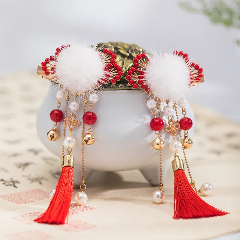 Ein Paar Hanfu-Kopfschmuck, Haarnadeln, Pompons, rote Quasten-Haaraccessoires und festlicher Haarschmuck im neuen chinesischen Stil – Detail 3