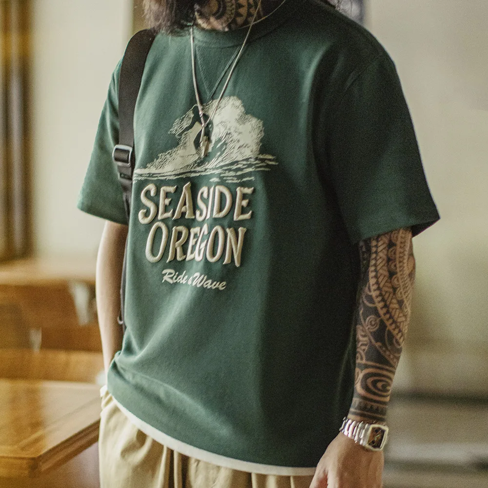 

Maden Vintage Embroidered Letter Short Sleeve T-Shirt Men's Summer Green Digital Print Tee Ribbed Crew Neck Loose Casual Tops
