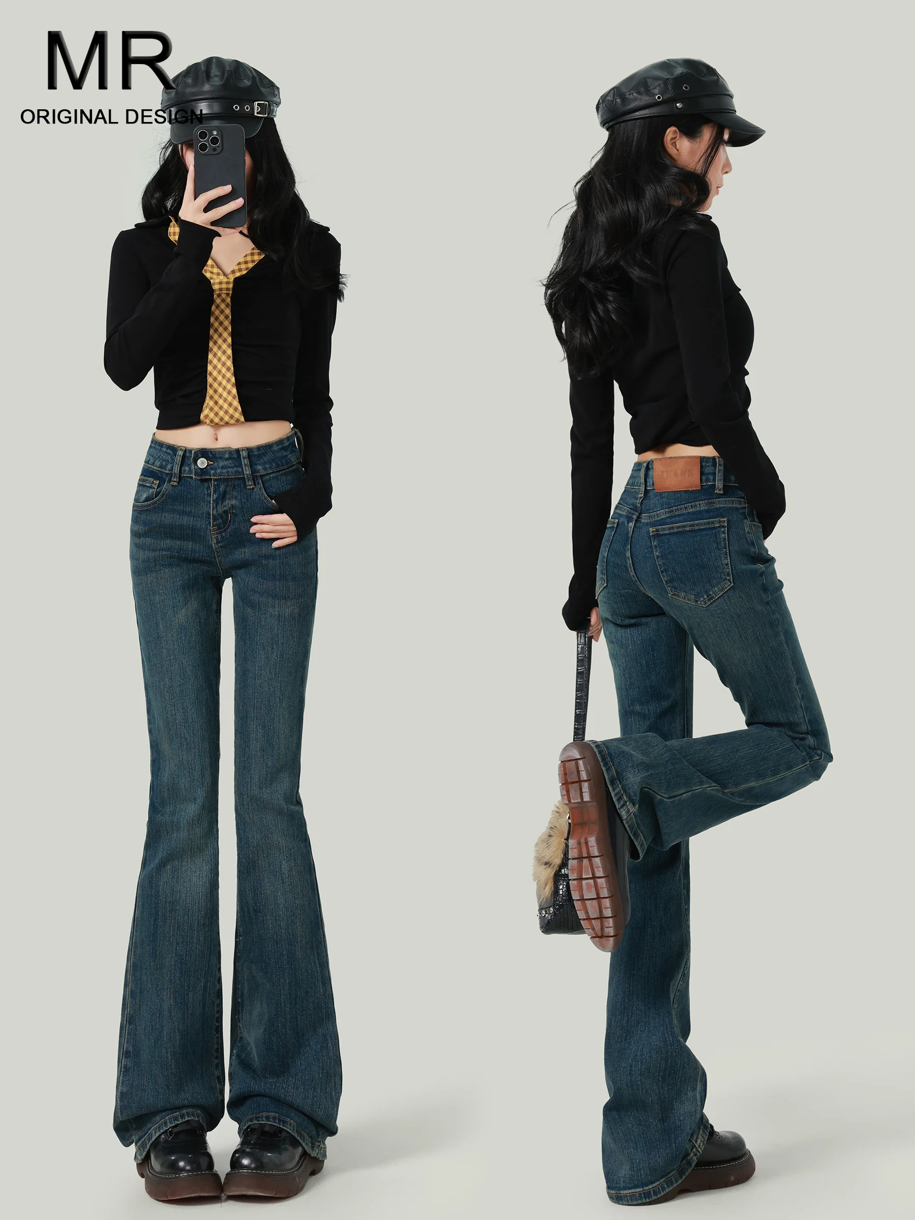 

Ретро-джинсы-клеш в американском стиле для женщин, облегающие, с низкой посадкой, эластичные, осенняя коллекция 2026, новый стиль, повседневные, износостойкие