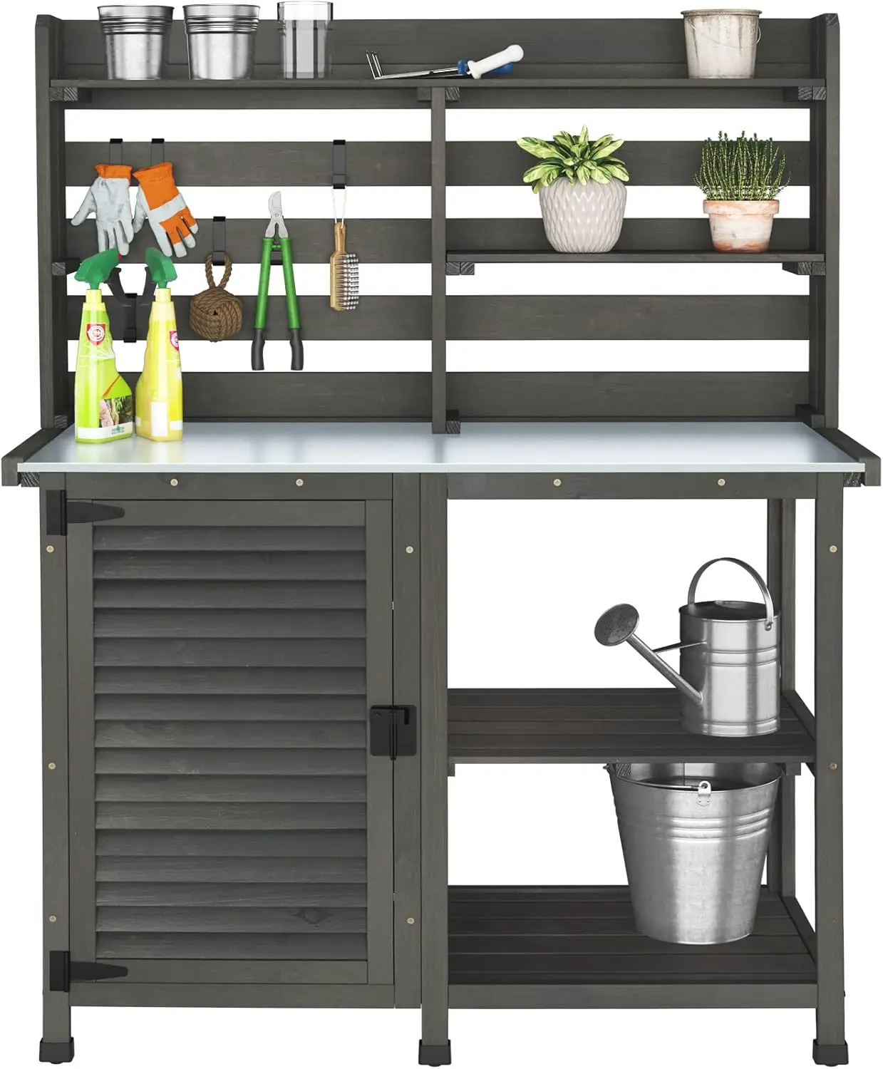

Potting Bench Table Large Garden Outdoor Work Bench Metal Tabletop Workstation with Storage Cabinet Shelf Dark Grey