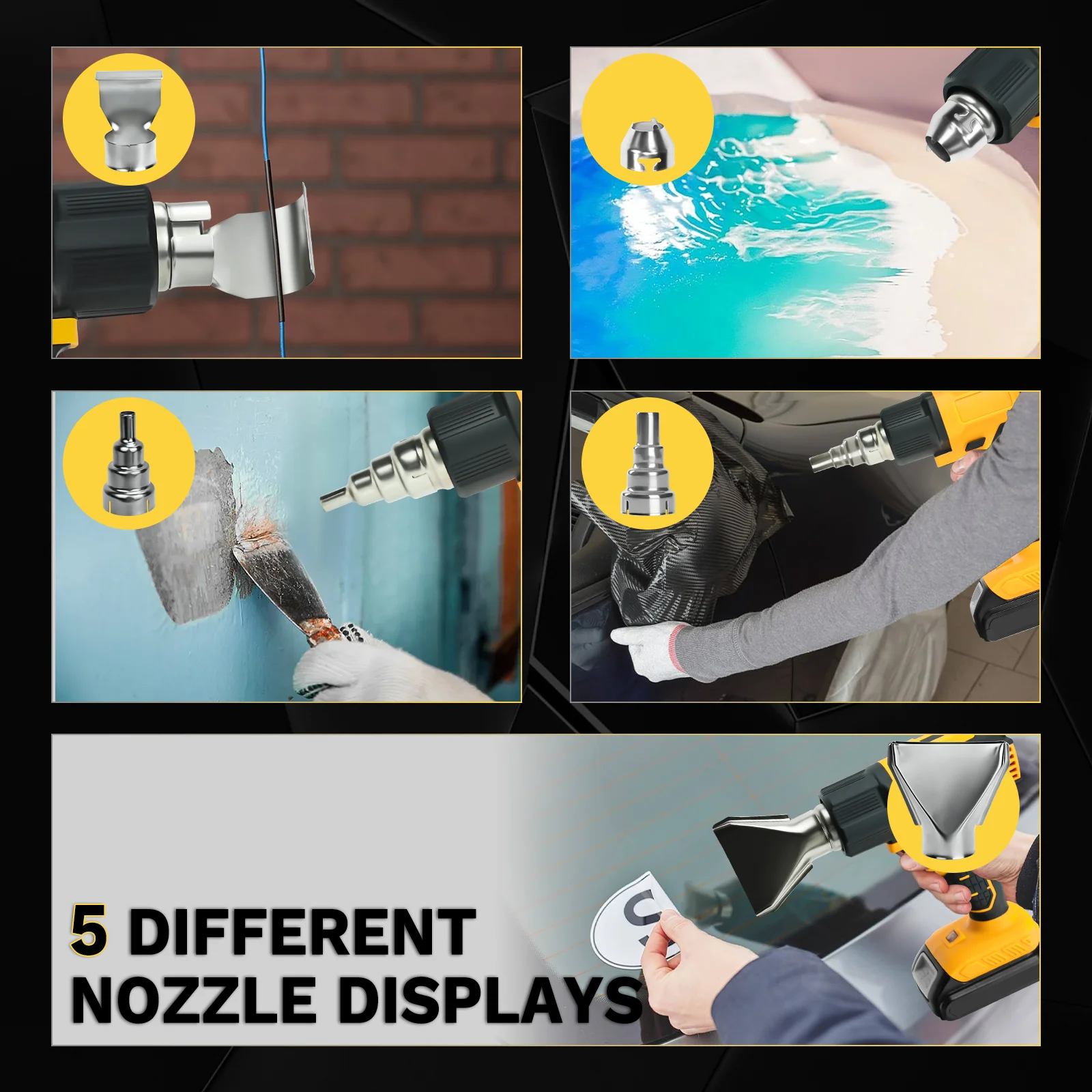 مسدس حراري لاسلكي 300 وات تسخين سريع يصل إلى 1004 ℉   (540 ℃ ) مسدس هواء ساخن لحام مع 5 فوهات لبطارية ديوالت 20 فولت (بدون بطارية)