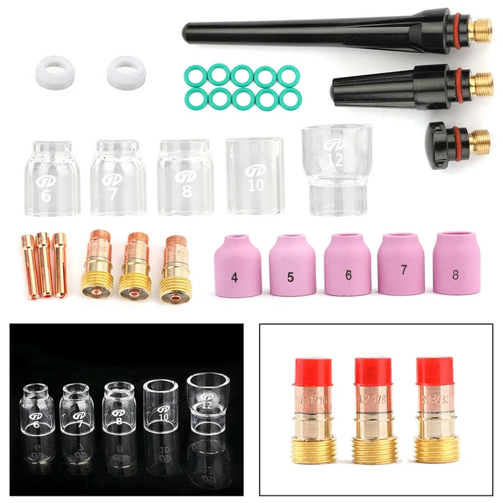 

31pcs TIG Welding Tunnel Nozzle Suitable For WP17 WP18 WP26 TIG 10, Suitable For Stubby Gas Lens #12 High Temperature Glass Cup