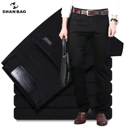 Classic Pure Black Men's High Waist Cotton Stretch Fit Straight Denim Jeans Youth Business Cloth Midweight Casual Trousers Pants