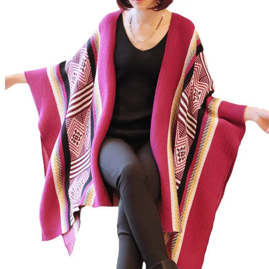 

Women's Mid-Length Loose Cardigan Coat Ethnic Style Knitted Shawl Poncho plus Size Autumn Winter Outerwear Lazy Style Sweater