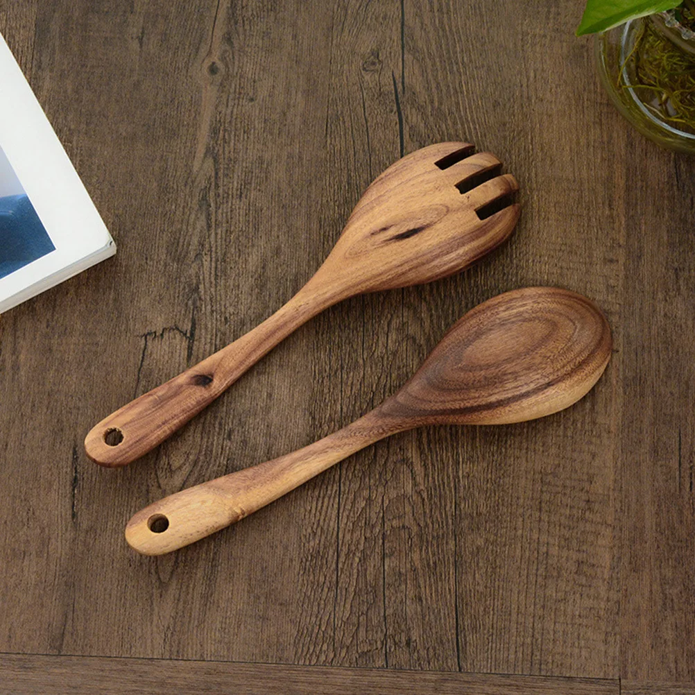 

2Pcs Wooden Salad Fork Spoon Set Rustic Flatware Solid Wood Flatware for Fruit Toss Serve Tableware Wooden Fork
