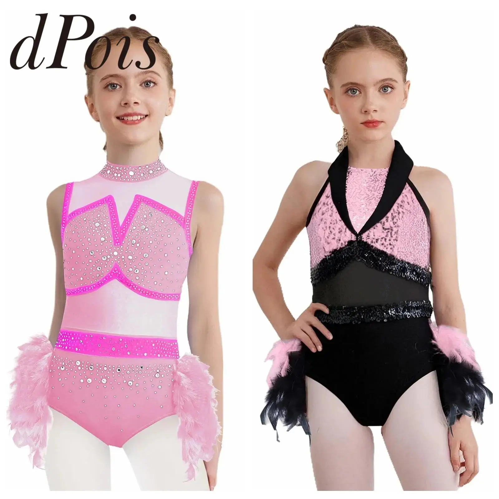Baju Senam Anak Motif Blok Warna, Pakaian Tari Jazz Ballet dengan Bulu dan Payet untuk Anak Perempuan, Kostum Pertunjukan Panggung, Pakaian Tari