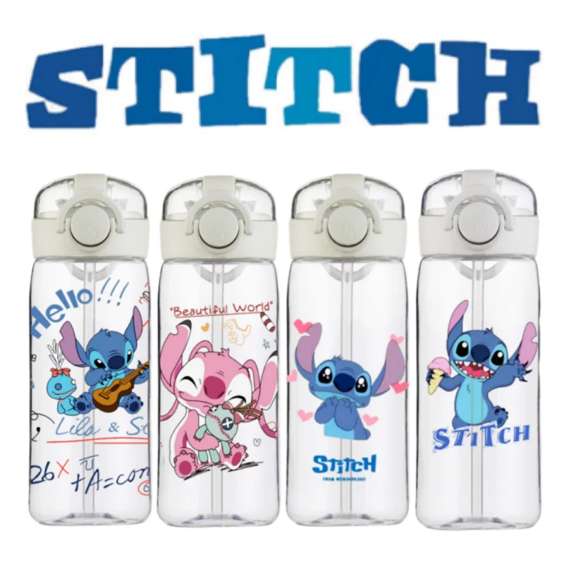 400Ml Disney Stitch Sports Water Bottle with Straw Anime Portable Water Bottles Fitness Bike Cup Summer Kids Outdoor Cold Water