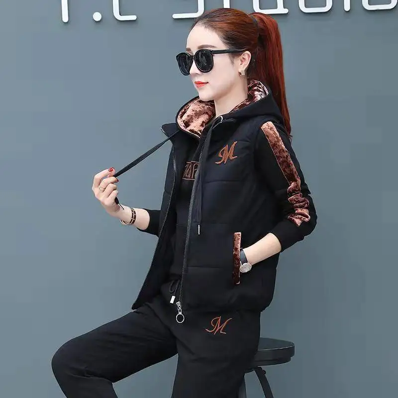 Winter New Plush Thickened Cotton Tank Top Hoodie Sweatpants Three Piece Elegant Women's Pants Set Outfits Tracksuit