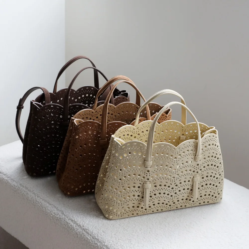 

New High-end Niche Suede Hollow Matte Cowhide Handbag Large Capacity Vegetable Basket One Shoulder Crossbody Tote Bag Woman