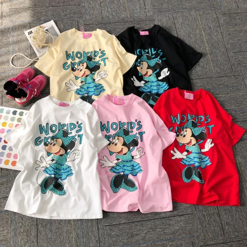 Spring New American Casual Original Tees Heavy Industry Diamond-encrusted Cartoon Printing Loose Pullovers Short-sleeved T-shirt