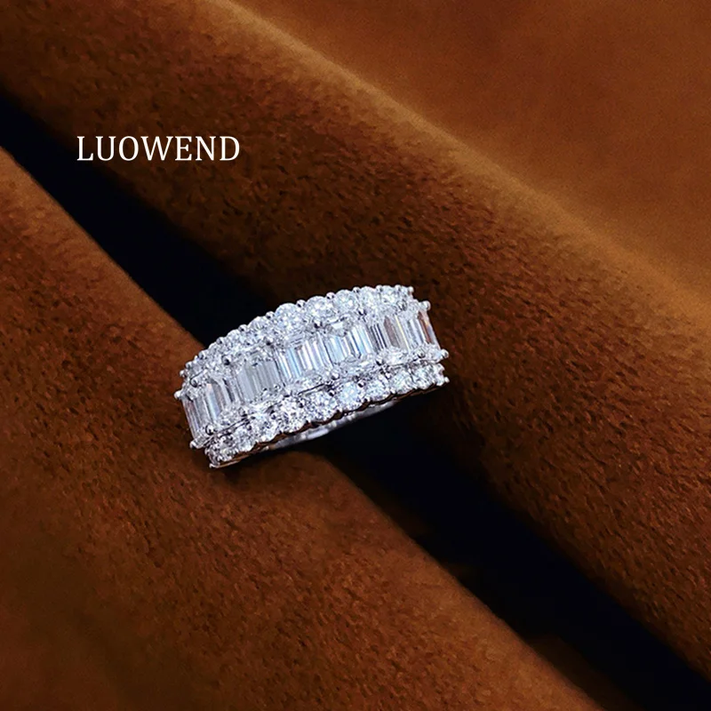 LUOWEND 100% 18K White Gold Rings Luxury Emerald Cut Shape Real Natural Diamond Engagement Ring for Women High Party Jewelry