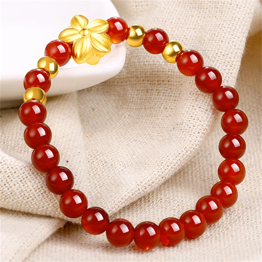 Pure 999 24K Yellow Gold Women Lucky Lotus Flower Beads Bracelet