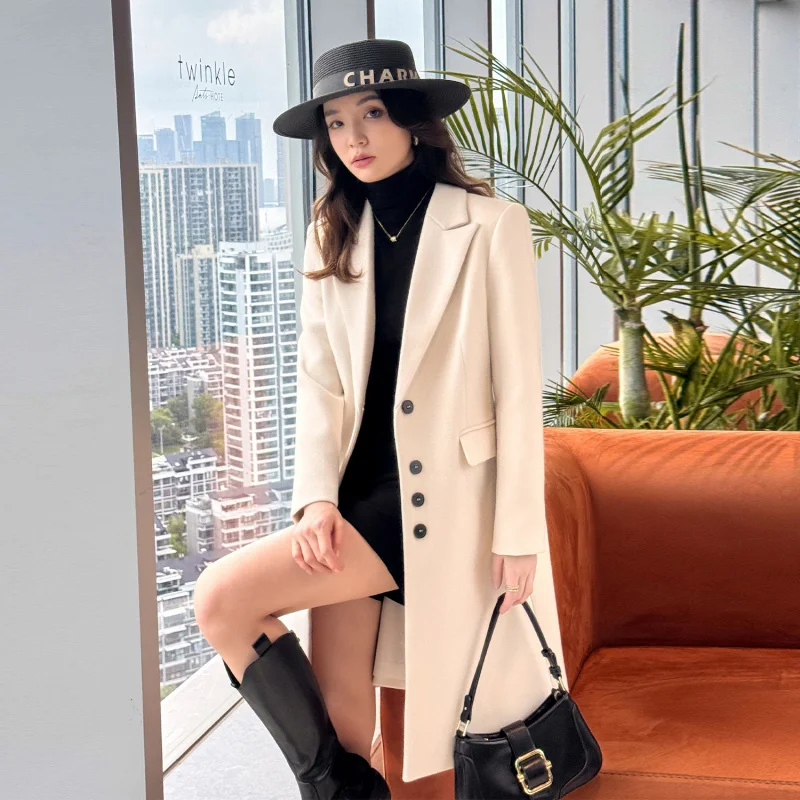 Casaco de lã feminino2025 outono inverno engrossado elegante estilo deusa profissional formal meados de comprimento trench casaco de lã