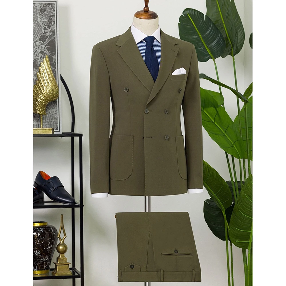 

Винтажный мужской костюм оливкового цвета, 2 предмета: пиджак и брюки, двубортный, с лацканами-клапанами, приталенный крой, для офиса и повседневной носки