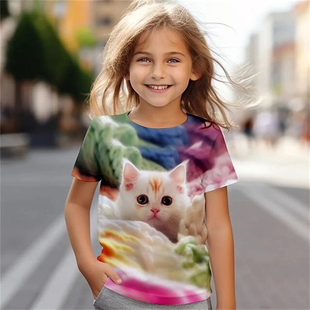 2025 novo engraçado animal gato 3d impressão camisetas para meninas festival festa moda manga curta topos camisetas casuais roupas para meninas