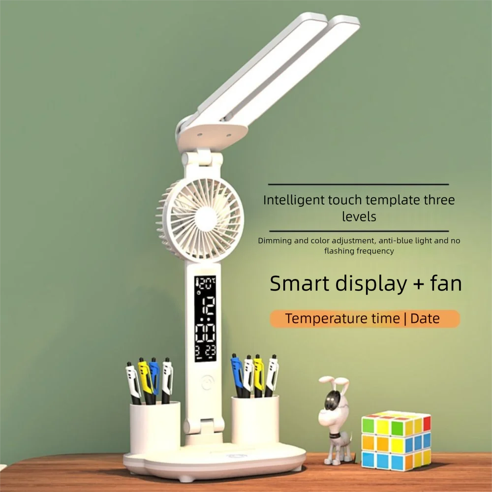 

Double Head LED Table Lamp USB 3 Colors Penholder Desk Lamp with Fan&Time Date Foldable Led Bedside Lamp Student