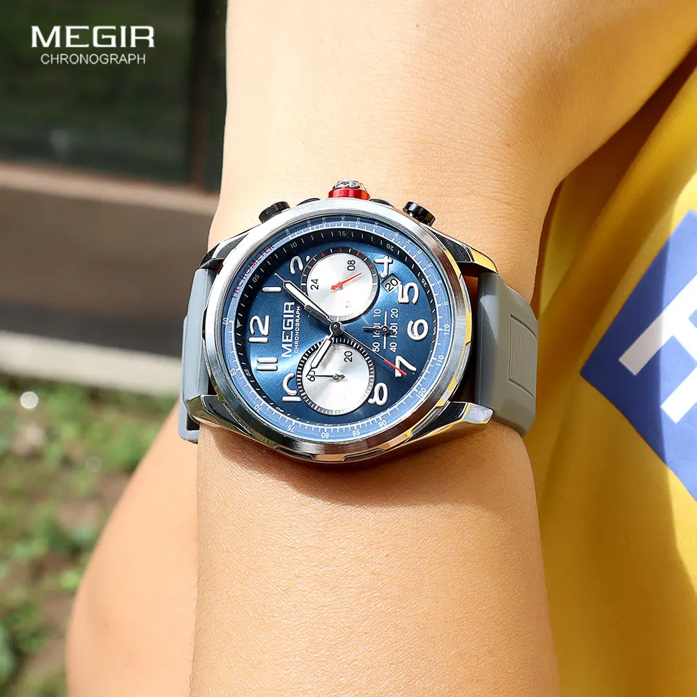 MEGIR Sport Quartz Watch for Men Gray Silicone Strap Waterproof Chronograph Wristwatch with Blue Dial Auto Date Luminous Hands