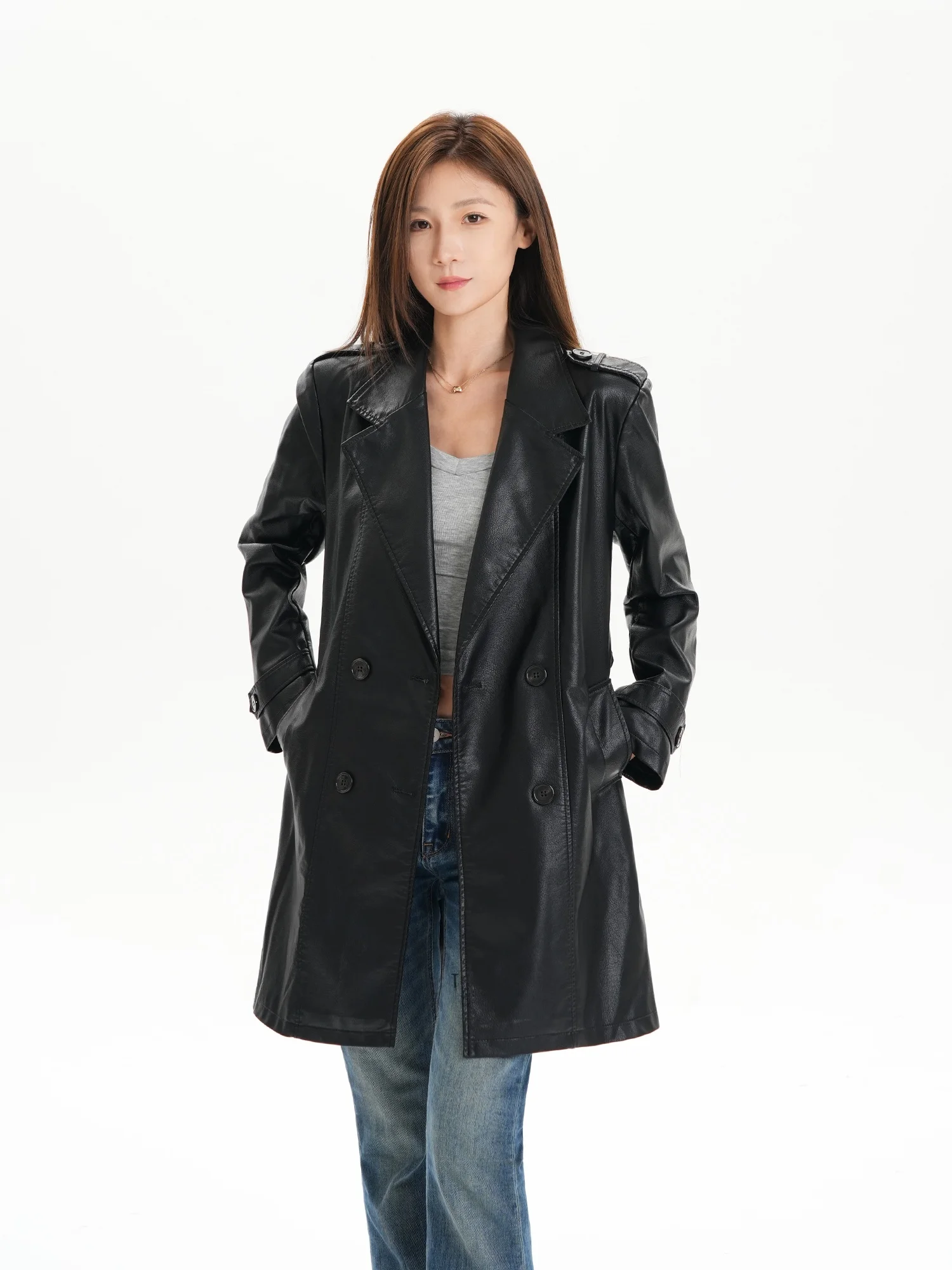 

Классическая женская кожаная куртка в британском стиле с двойным рядом пуговиц, свободного кроя, из искусственной кожи (PU), в стиле Heavy Industry.