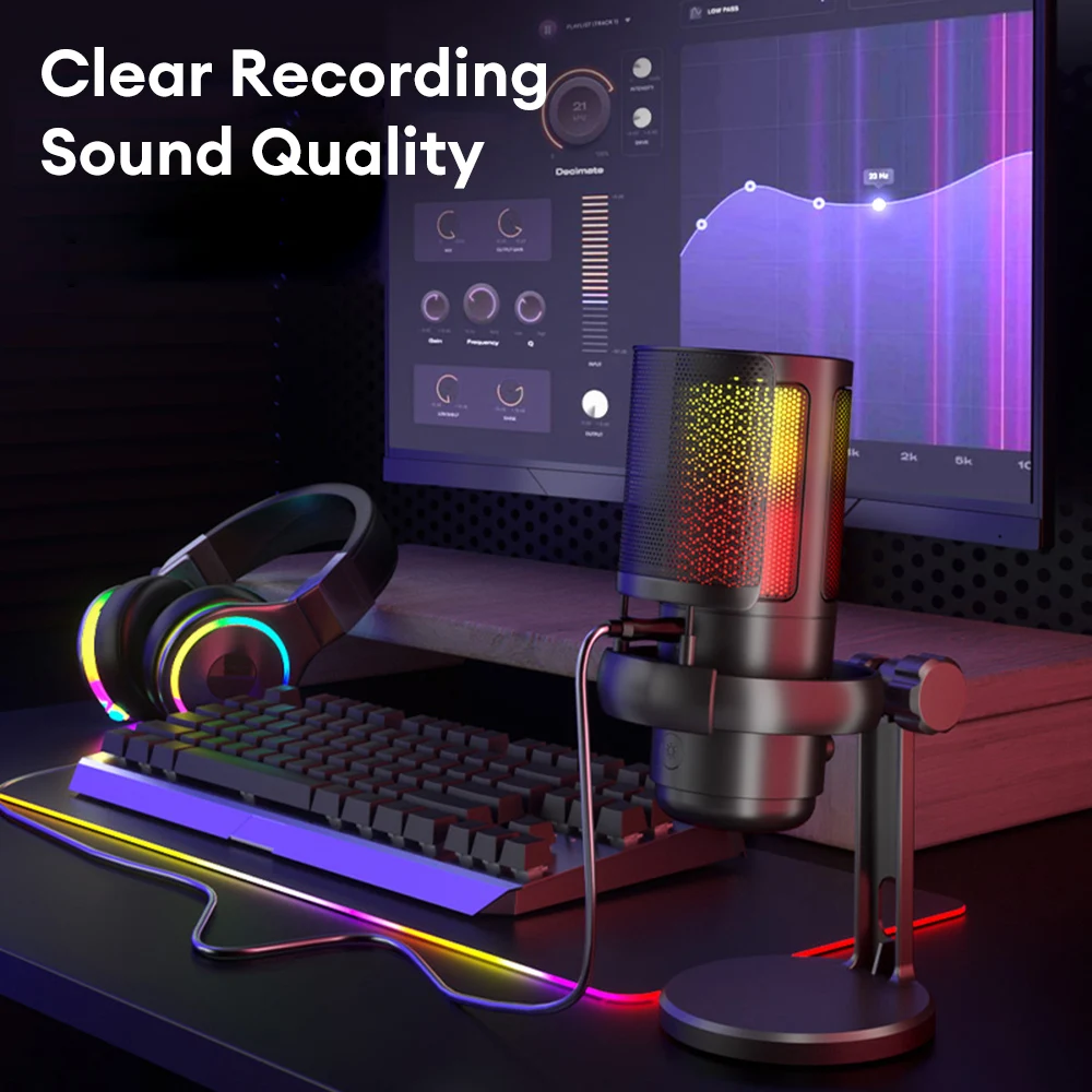 USB Gaming Microphone for PC Noise Cancellation Condenser Mic with RGB Lights Mute Gain for Streaming Recording Podcast