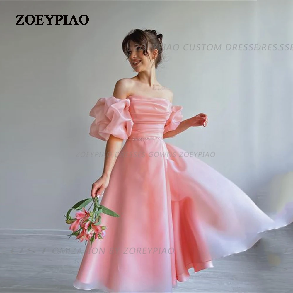 

Sweet Pink Organza A Line Evening Dresses For Women Strapless Simple Short Sleeves Prom Dress Tea Length Formal Party Gown Gowns