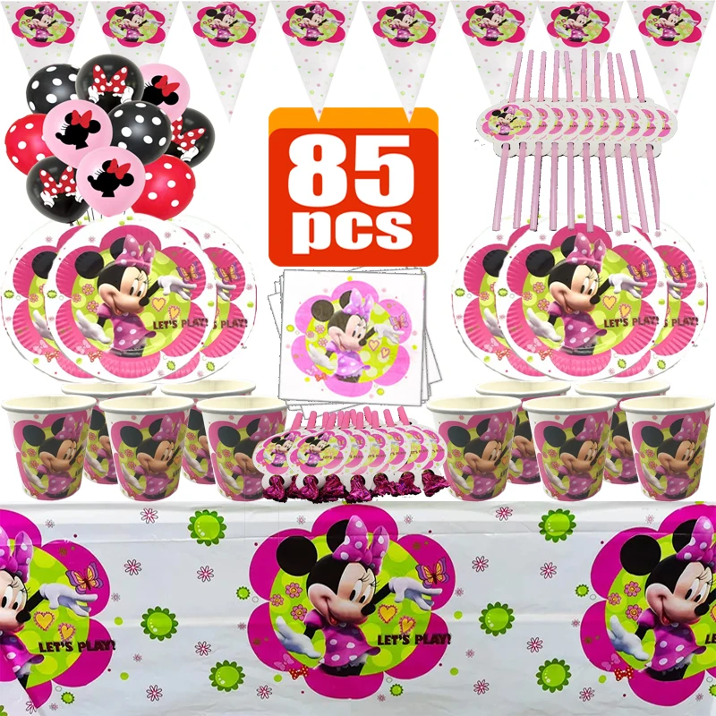 Disney Minnie Mouse Theme Party Tableware Girl Kids Birthday Disposable Decor Plates Cups Napkins Balloon Baby Shower Supplies