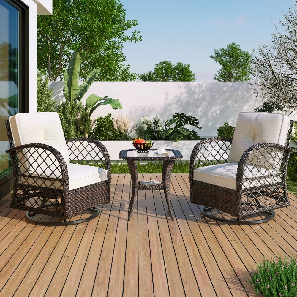 

3-piece Outdoor Chair&Table Set Chat Set 2-person Rattan Seating Group with Two Swiveling and Rocking Chairs and a Square Table