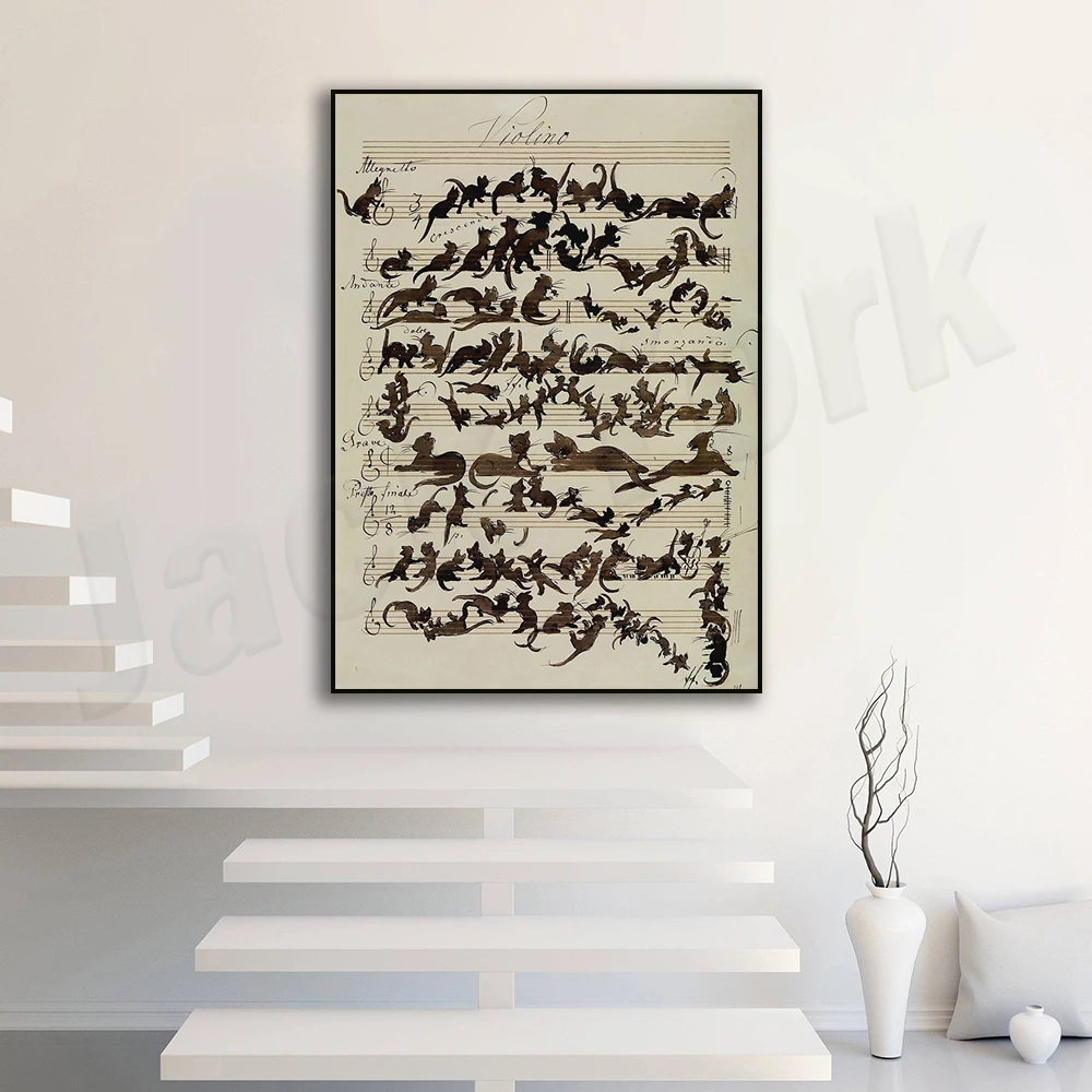 Cat Symphony Art Canvas Painting, Antique Halloween Wall Art, Party Poster, Black Cat Picture, Musical Decoration, Cat Lover Gif