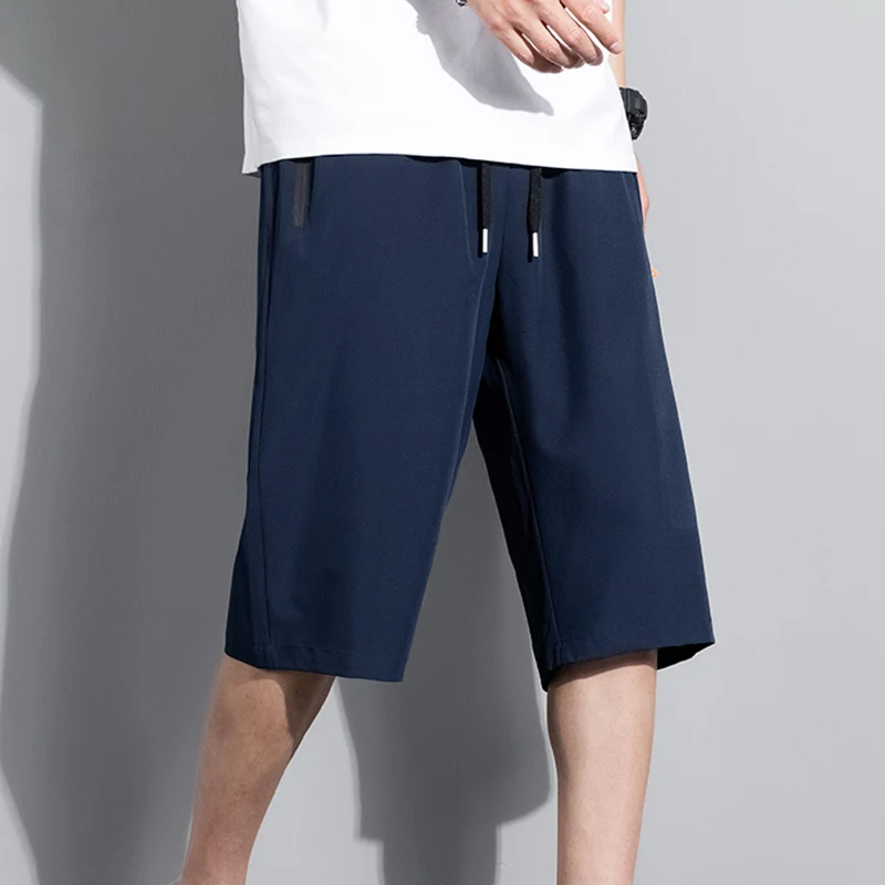 Summer Bottoms Ice Silk Pants Men Breathable Lightweight Calf-Length Short Sweatpants 3/4 Straight Loose Casual Cropped Trousers