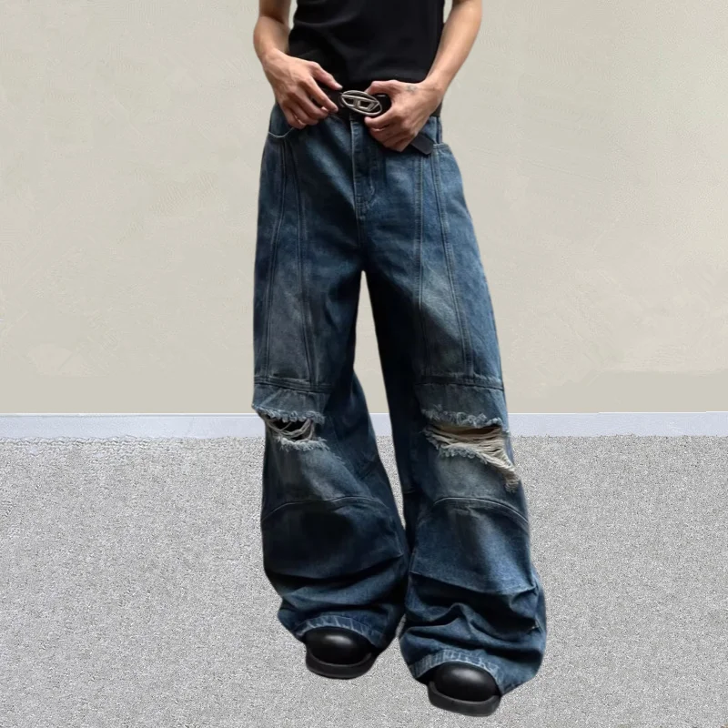 2026 Y2K Grunge Vintage Blaue Baggy Plissierte Zerrissene Gestapelte Jeans Herrenbekleidung Distressed Denim Hosen Pantalon Homme – Detail 12